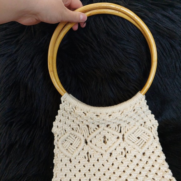 Vintage 70s Handmade Macrame Bamboo Handle Handbag - Picture 2 of 8